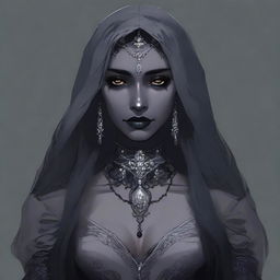 A drow dhampir with light grey skin and long black hair, dressed in Victorian attire