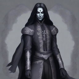 A drow dhampir with light grey skin and long black hair, dressed in Victorian attire