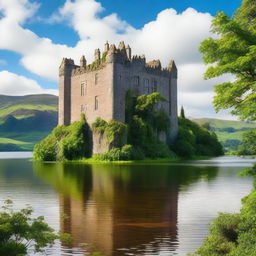 A majestic Scottish castle standing tall on a hill, surrounded by lush greenery and a serene lake