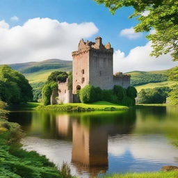 A majestic Scottish castle standing tall on a hill, surrounded by lush greenery and a serene lake