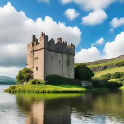 A majestic Scottish castle standing tall on a hill, surrounded by lush greenery and a serene lake