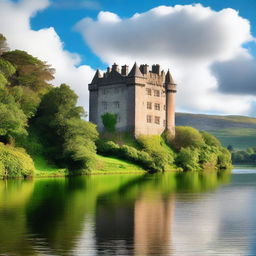 A majestic Scottish castle standing tall on a hill, surrounded by lush greenery and a serene lake