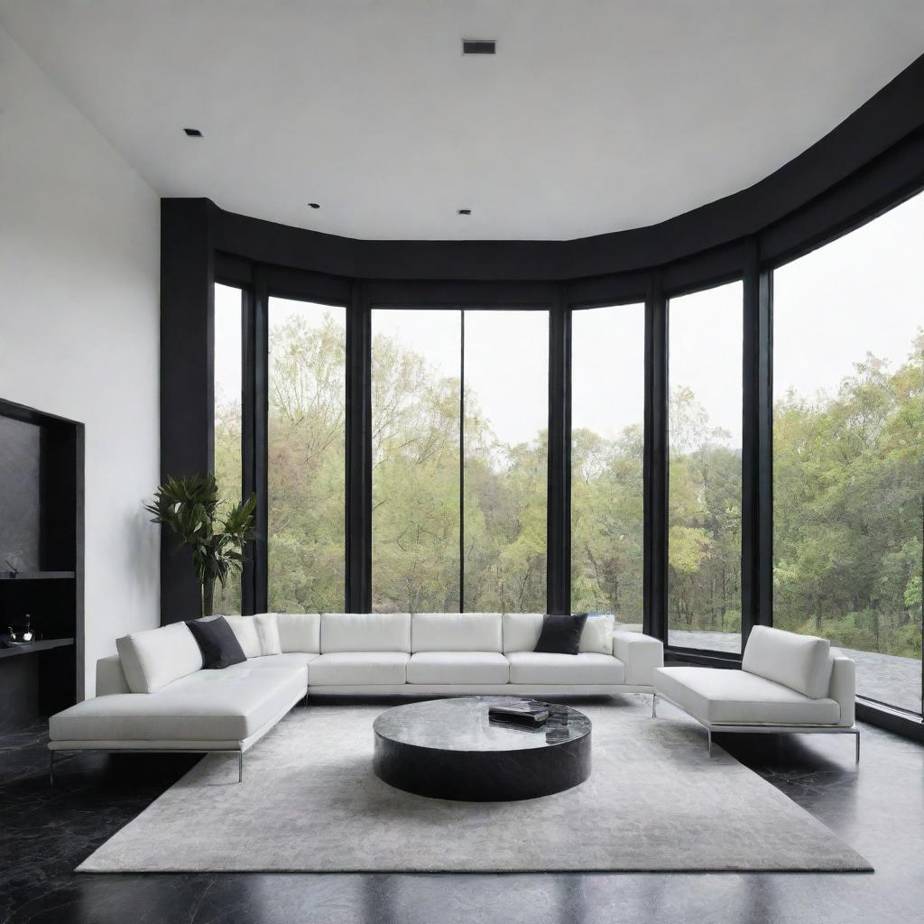 Design a luxurious minimalist living room with a black marble floor, a smooth white ceiling with a centrally-suspended luminary, a large black aluminum bay window, and a sleek, textured white sofa situated in the middle of the room.