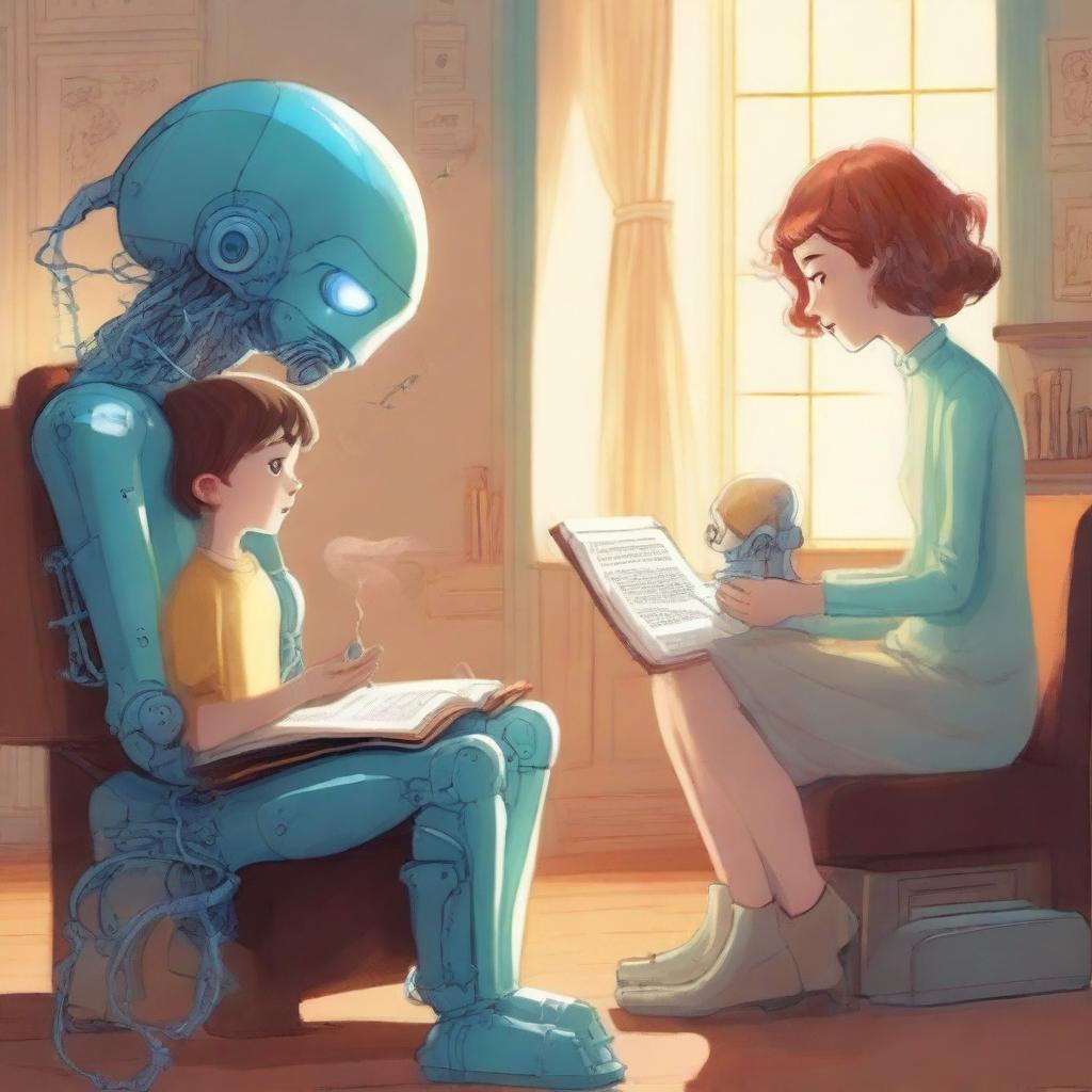 A futuristic robot feeding squid tentacles to a beautiful woman while a young boy sits nearby reading a book