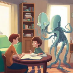 A futuristic robot feeding squid tentacles to a beautiful woman while a young boy sits nearby reading a book