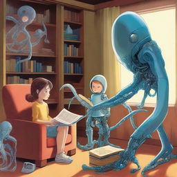 A futuristic robot feeding squid tentacles to a beautiful woman while a young boy sits nearby reading a book