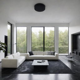 Design a luxurious minimalist living room with a black marble floor, a smooth white ceiling with a centrally-suspended luminary, a large black aluminum bay window, and a sleek, textured white sofa situated in the middle of the room.