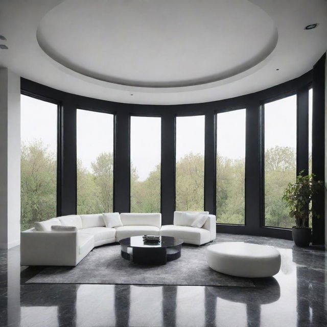 Design a luxurious minimalist living room with a black marble floor, a smooth white ceiling with a centrally-suspended luminary, a large black aluminum bay window, and a sleek, textured white sofa situated in the middle of the room.