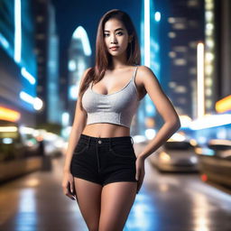 A slender and busty young woman with a confident pose, wearing fashionable clothing