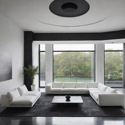 Design a luxurious minimalist living room with a black marble floor, a smooth white ceiling with a centrally-suspended luminary, a large black aluminum bay window, and a sleek, textured white sofa situated in the middle of the room.