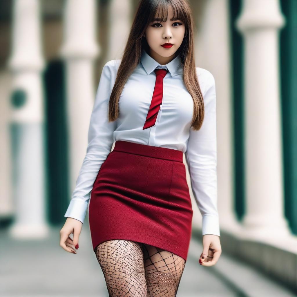 A schoolgirl dressed in a white shirt, red mini skirt, fishnet stockings, and high heels with red soles