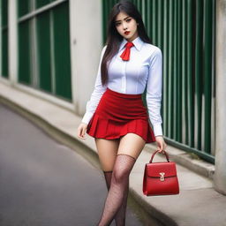 A schoolgirl dressed in a white shirt, red mini skirt, fishnet stockings, and high heels with red soles