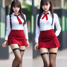 A schoolgirl dressed in a white shirt, red mini skirt, fishnet stockings, and high heels with red soles