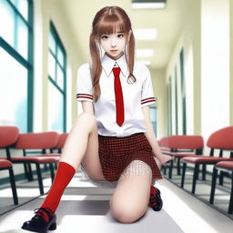 A very skinny schoolgirl dressed in a white shirt, a red mini skirt, fishnet stockings, and high heels with red soles