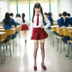 A very skinny schoolgirl dressed in a white shirt, a red mini skirt, fishnet stockings, and high heels with red soles