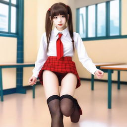 A very skinny schoolgirl dressed in a white shirt, a red mini skirt, fishnet stockings, and high heels with red soles