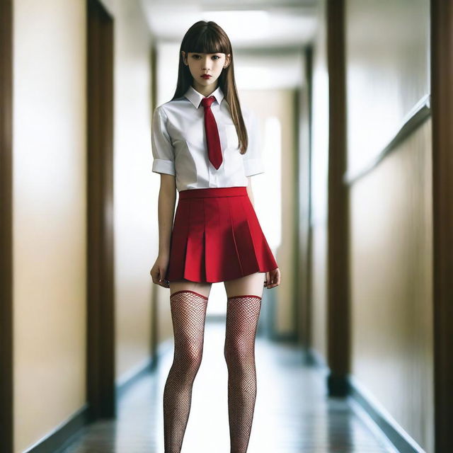 A very skinny schoolgirl dressed in a white shirt, a red mini skirt, fishnet stockings, and high heels with red soles