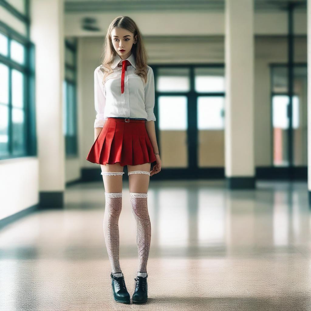 A very skinny Caucasian schoolgirl dressed in a white shirt, a red mini skirt, fishnet stockings, and high heels with red soles