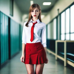 A very skinny Caucasian schoolgirl dressed in a white shirt, a red mini skirt, fishnet stockings, and high heels with red soles