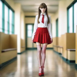 A very skinny Caucasian schoolgirl dressed in a white shirt, a red mini skirt, fishnet stockings, and high heels with red soles