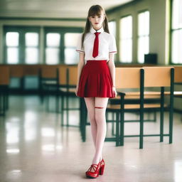 A very skinny Caucasian schoolgirl dressed in a white shirt, a red mini skirt, fishnet stockings, and high heels with red soles