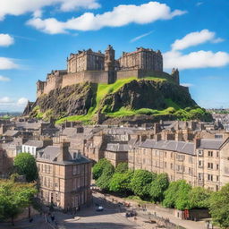 A picturesque view of Edinburgh, Scotland, featuring its historic architecture, cobblestone streets, and the iconic Edinburgh Castle perched on a hill