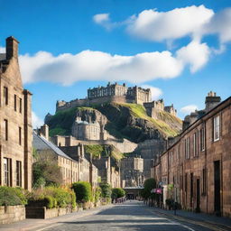 A picturesque view of Edinburgh, Scotland, featuring its historic architecture, cobblestone streets, and the iconic Edinburgh Castle perched on a hill