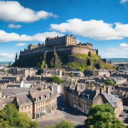 A picturesque view of Edinburgh, Scotland, featuring its historic architecture, cobblestone streets, and the iconic Edinburgh Castle perched on a hill