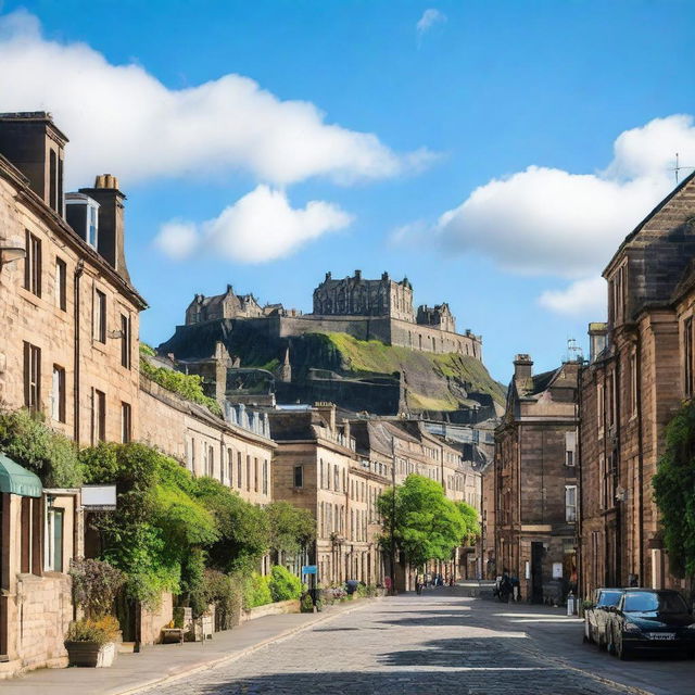 A picturesque view of Edinburgh, Scotland, featuring its historic architecture, cobblestone streets, and the iconic Edinburgh Castle perched on a hill