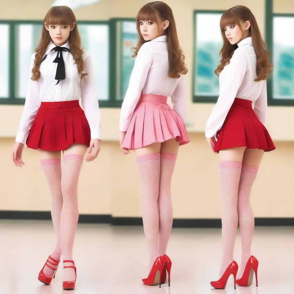 A very skinny Caucasian schoolgirl dressed in a transparent white shirt with a pink bra underneath, a red mini skirt, fishnet stockings, high heels with red soles, a red garter belt, and a choker on her neck