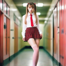 A very skinny Caucasian schoolgirl dressed in a transparent white shirt with a pink bra underneath, a red mini skirt, fishnet stockings, high heels with red soles, a red garter belt, and a choker on her neck