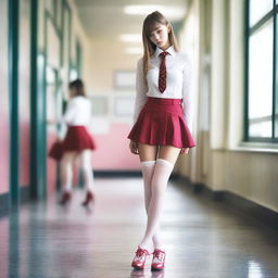 A very skinny Caucasian schoolgirl dressed in a transparent white shirt with a pink bra underneath, a red mini skirt, fishnet stockings, high heels with red soles, a red garter belt, and a choker on her neck