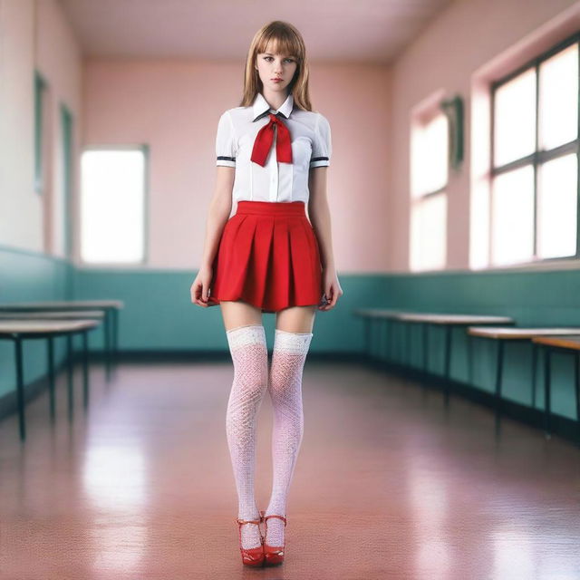 A very skinny Caucasian schoolgirl dressed in a transparent white shirt with a pink bra underneath, a red mini skirt, fishnet stockings, high heels with red soles, a red garter belt, and a choker on her neck