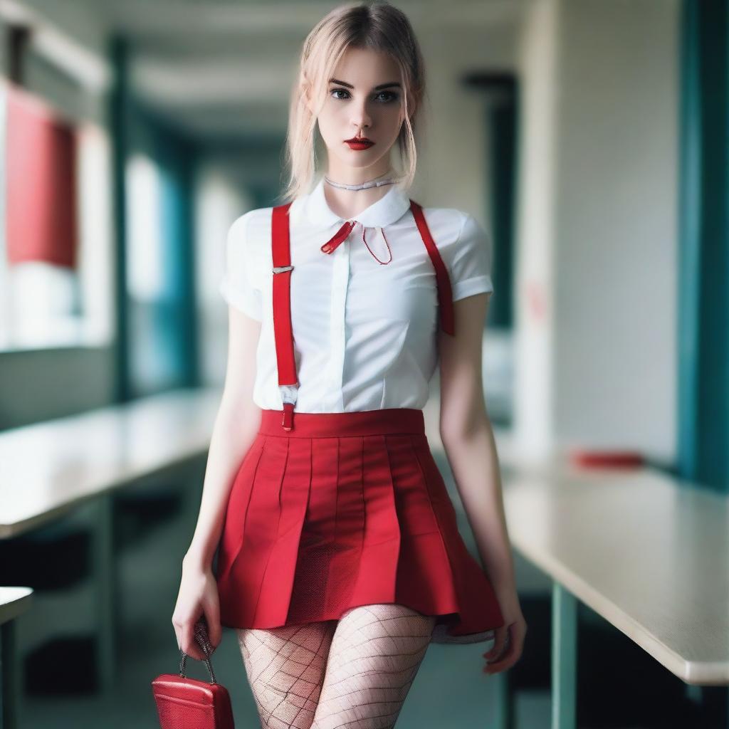 A very skinny Caucasian schoolgirl dressed in a highly transparent white shirt, revealing a red bra underneath, a red mini skirt, fishnet stockings, and high heels with red soles