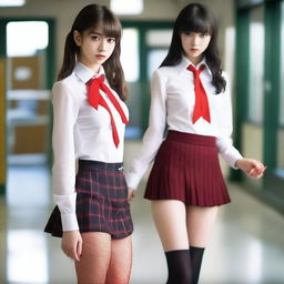 A very skinny Caucasian schoolgirl dressed in a highly transparent white shirt, revealing a red bra underneath, a red mini skirt, fishnet stockings, and high heels with red soles