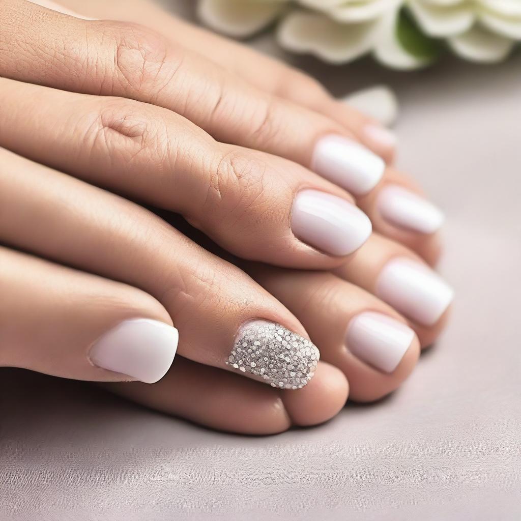 A close-up image of a white pedicure adorned with small, sparkling stones