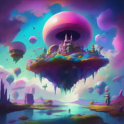 A surreal and fantastical scene depicting an antiworld, where gravity is reversed, and colors are inverted