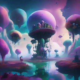 A surreal and fantastical scene depicting an antiworld, where gravity is reversed, and colors are inverted