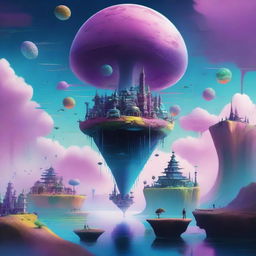 A surreal and fantastical scene depicting an antiworld, where gravity is reversed, and colors are inverted