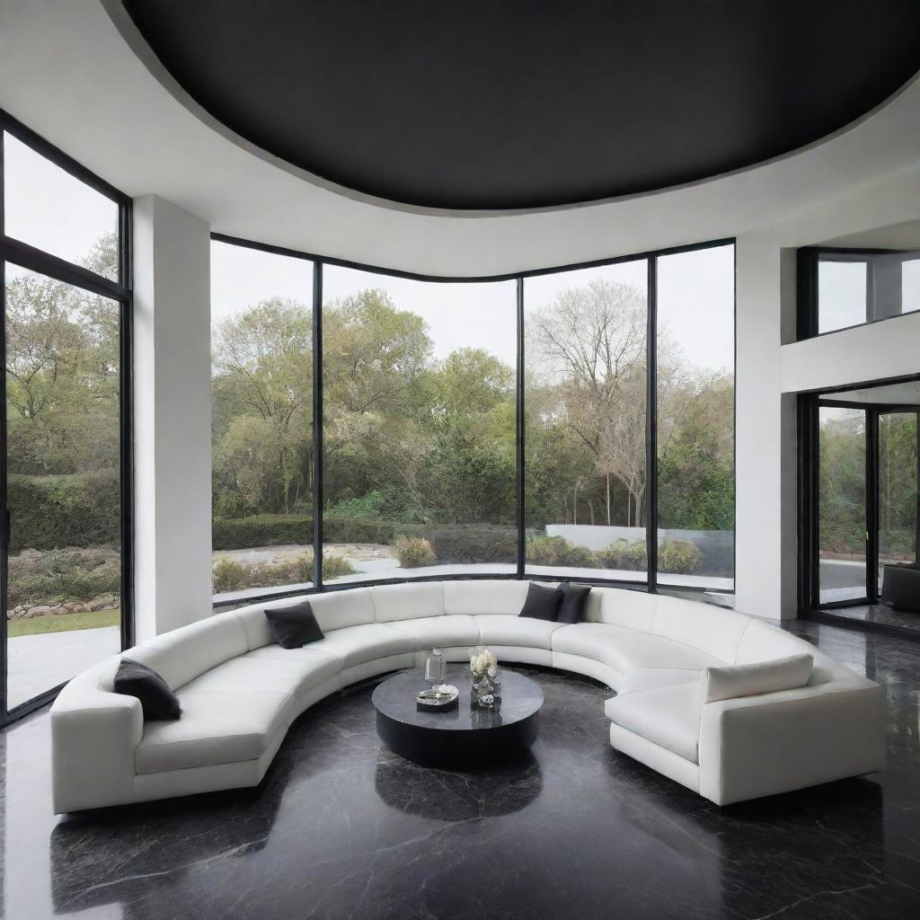 Depict a luxurious, minimalist living room with a black marble floor, smooth white ceiling with a suspended luminary at its center, large black aluminum bay windows, and a white, texture-rich sofa with sleek lines in the center.