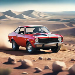 A detailed image of a rally Chevy Vega, showcasing its rugged design and off-road capabilities