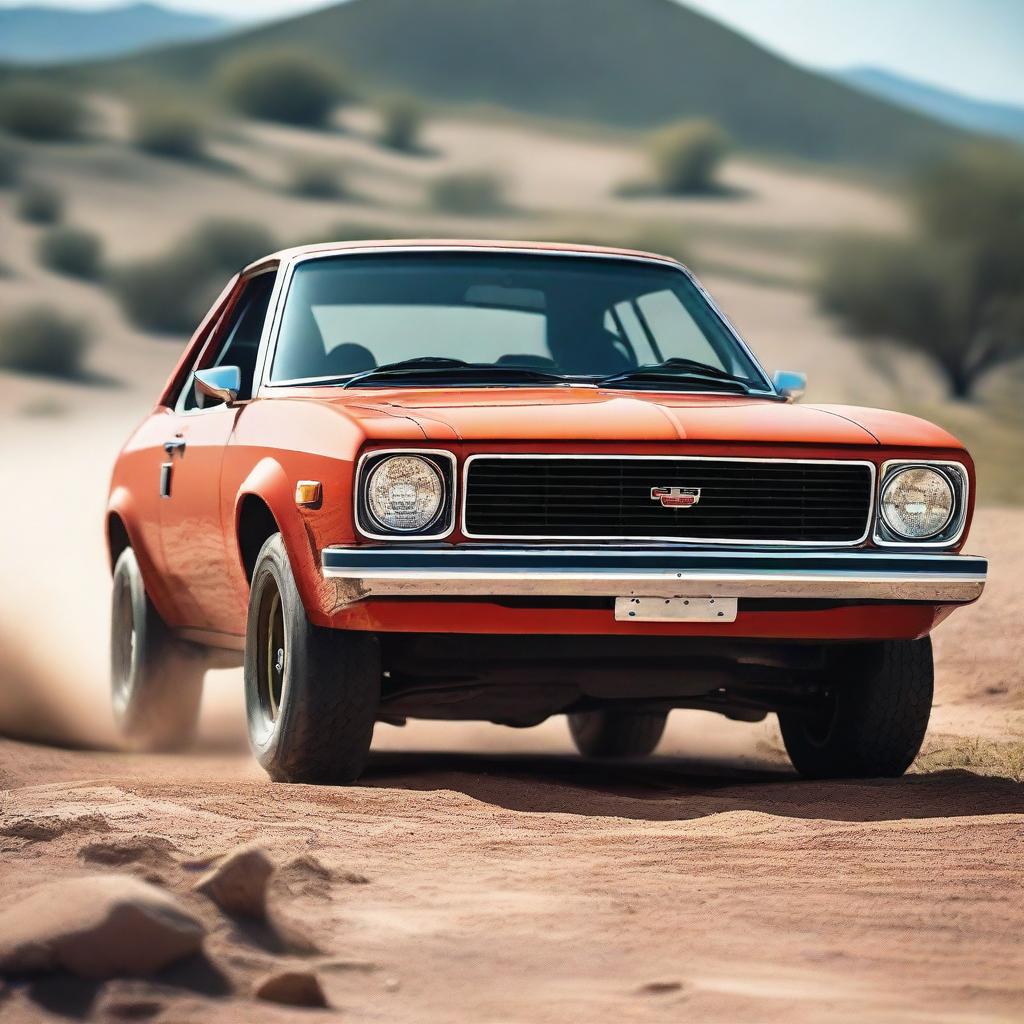 A detailed image of a rally Chevy Vega, showcasing its rugged design and off-road capabilities