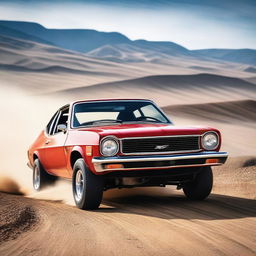 A detailed image of a rally Chevy Vega, showcasing its rugged design and off-road capabilities