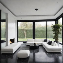 Depict a luxurious, minimalist living room with a black marble floor, smooth white ceiling with a suspended luminary at its center, large black aluminum bay windows, and a white, texture-rich sofa with sleek lines in the center.