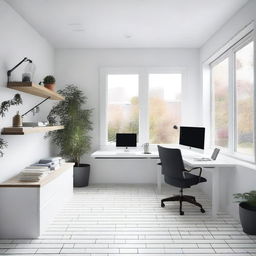 Design a home office by removing the bed from a bedroom with white tile floors and walls, and replacing it with two standing desks