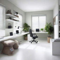 Design a home office by removing the bed from a bedroom with white tile floors and walls, and replacing it with two standing desks