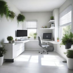 Design a home office by removing the bed from a bedroom with white tile floors and walls, and replacing it with two standing desks