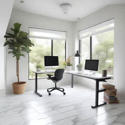 Design a home office by removing the bed from a bedroom with white tile floors and walls, and replacing it with two standing desks