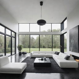 Depict a luxurious, minimalist living room with a black marble floor, smooth white ceiling with a suspended luminary at its center, large black aluminum bay windows, and a white, texture-rich sofa with sleek lines in the center.