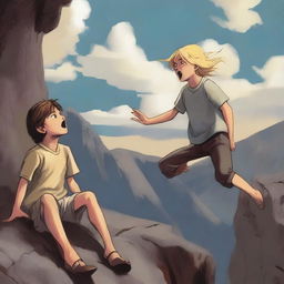 A dramatic scene where a blonde boy is falling off a cliff, while a brunette girl watches in agony